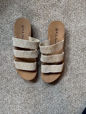 CL by Laundry Braided Triple-Strap Slide Sandals in Tan and Cream